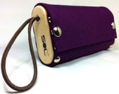Model After-hours, number 342, clutch, wristlet, purple 100% wool felt with brown leather handle FREE SHIPPING