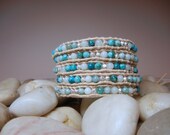 Leather wrap bracelet with semiprecious gemstones in shades of  turquoise with handmade sterling silver button