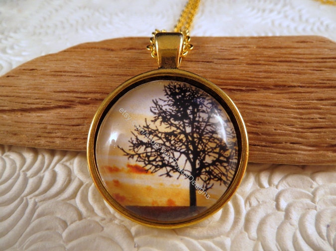Sunset Tree Glass Art Pendant Necklace - Tree of Life - NC17