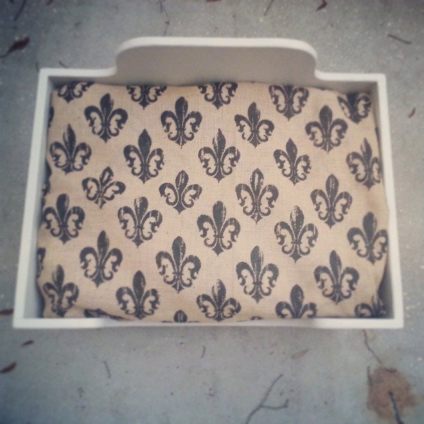 Shabby Chic French Farmhouse Style Wooden Dog Bed Small Medium Pet Dog Burlap pillow choice of three prints Chevron Fleur de lis mustache
