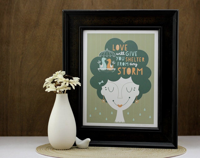 Storm Art Print - Retro Woman Print, Beehive Hair, Love Typography Print, Love Birds Digital Print, Raindrops, Storm, Grey