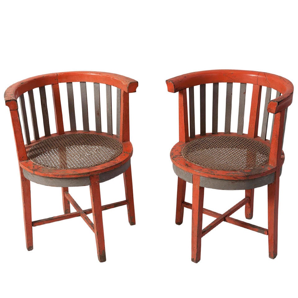 Pair of unique vintage 1960s retro tropical chairs handmade in teak & rattan with fab rustic patina in coral with dove grey accents