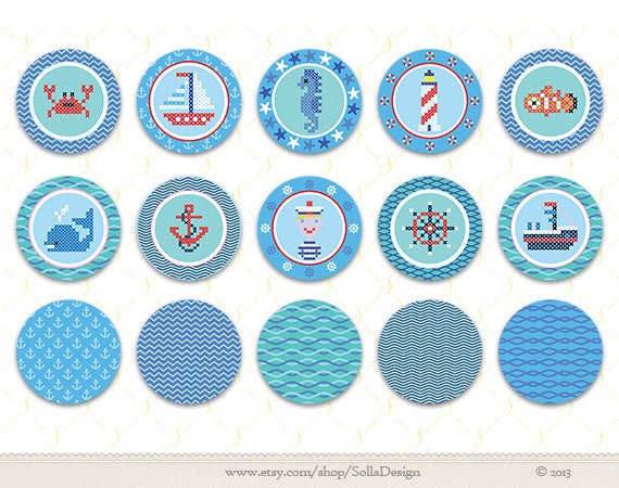 Sea party - Personalized DIY printable Cupcake Toppers  and Medallions set.10 cross stitch design Icons, PDF and Png Files file includes