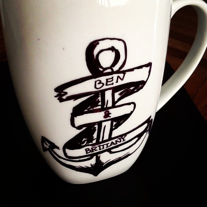 Handwritten Personalized Anchor Tattoo Coffee Mug with Handmade Design from Anchored By J