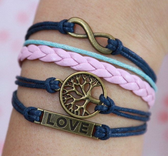 Karma Bracelet, Love Bracelet, Wish Tree Bracelet, - Antique Bronze Charm Bracelet, Navy Blue Wax Cord Bracelet, Friendship gift
