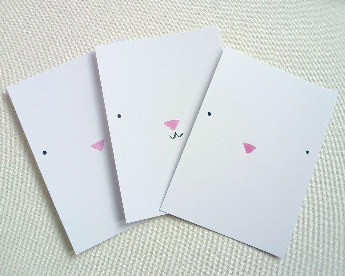 Kawaii Postcards, Set of 3 Cards, Kawaii Animal Faces, Blank Paper Cards, Original Illustration