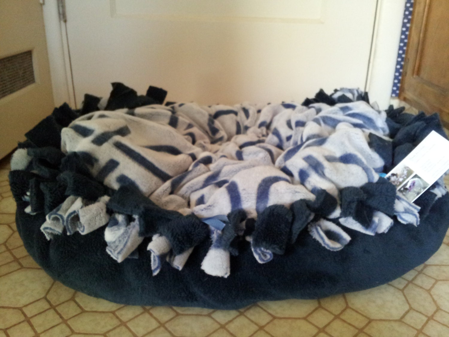 Marshmallow Pet Bed in plush blue with icy blue geometric print