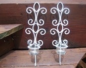 Shabby Chic White Votive Candle Holders Chippy Paint Metal Scroll Wall Sconces Garden Patio Deck Country Cottage Distressed Rustic