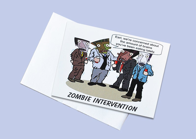 8 Miniature Note Cards-Paper Goods-Blank -Zombie Intervention illustration-weird geeky zombie humor stationery gift tag art