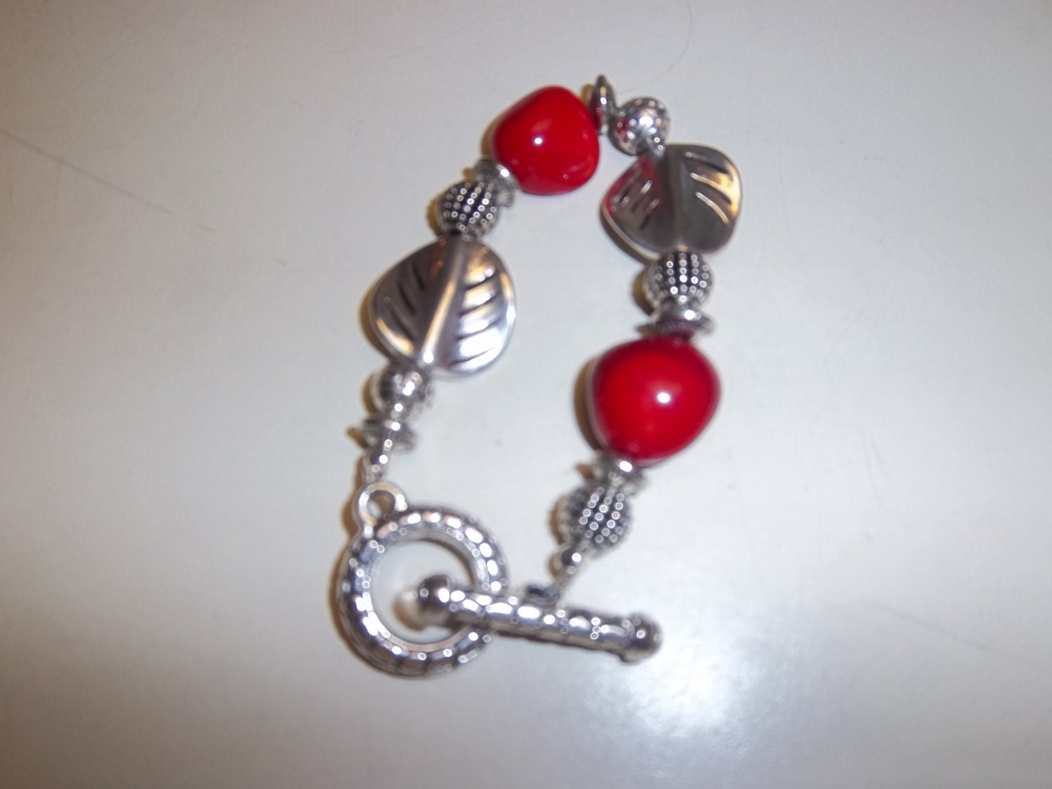 Handmade 6 1/2" Teen or Womens Smaller Wrist Beautiful Affordable  High Quality Silver/Red Coral Bracelet with Round Silver Spacer Beads