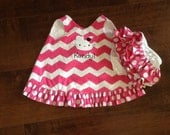 Hot pink chevron and polka dot monogrammed Hello Kitty pinafore open back dress with ruffle diaper cover to match