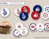 Nautical Cupcake Toppers - Nautical Birthday CUPCAKE - PRINTABLE Favor Tags - Anchor Invitation - Pool Party - Beach - Red White Blue
