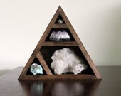 crystal and mineral stone collection in handmade triangle wood curio shelf