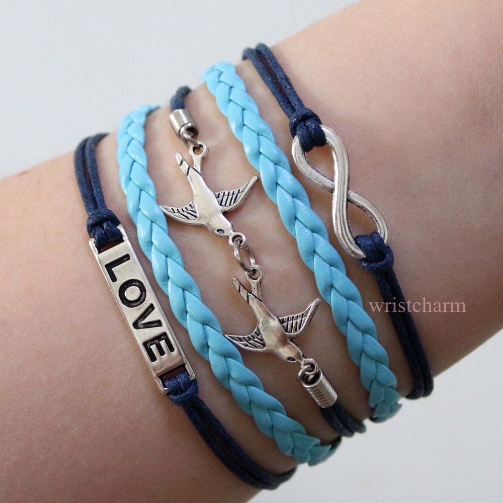 Birds & Infinity Wish and Love bracelet Navy wax cord Light Blue Braided Leather Antique Sliver Cute Charm Bracelet Personalized Jewelry