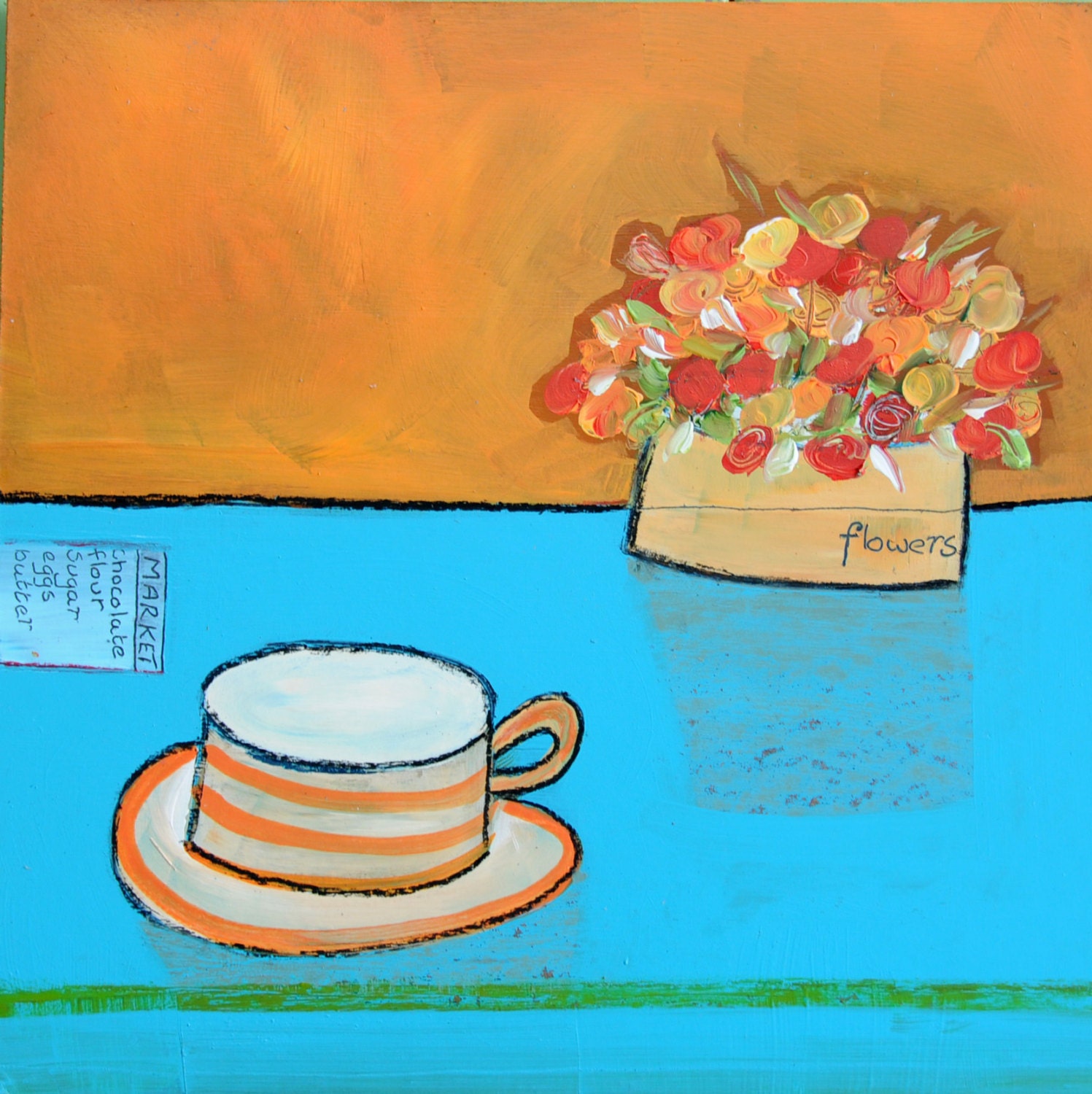 Original Acrylic painting Flowers and Cup