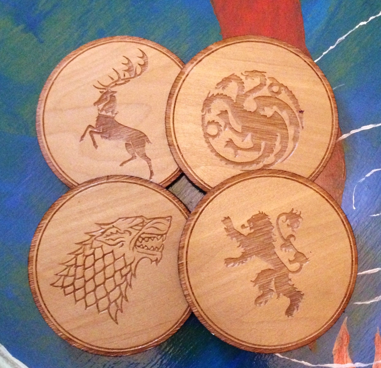Game of Thrones Inspired Custom Laser cut Wood coaster Set Stark Lannister Baratheon Targaryen