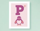 Stylish, vintage inspired, alphabet print - P is for Penguin