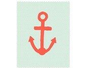INSTANT DOWNLOAD Printable Graphic Print,  Mint and Coral Chevron Art,  Trendy Modern Wall Art, Wall Decor, Nautical Home Decor, Dorm Decor