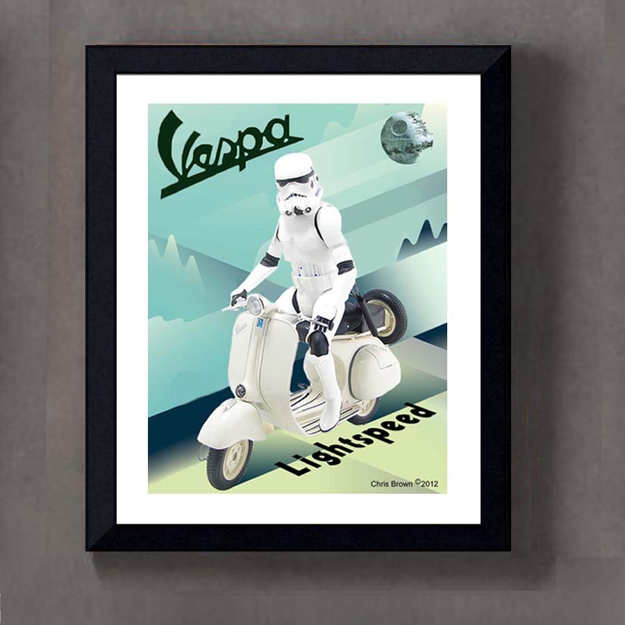 Fine Art Print: - "Vintage Stormtrooper Vespa, Art Deco Poster" - 8" x 10" Giclee print, Star Wars Fan art, Nerd Gift, Geekery