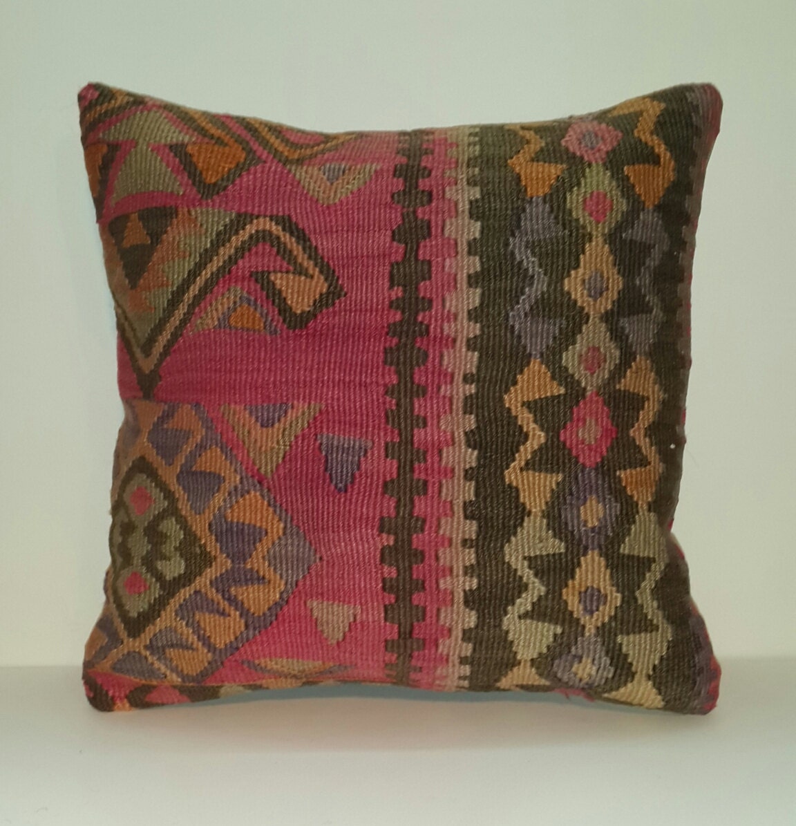 Organic Shine Society Modern Bohemian Throw Pillow. Handwoven Wool Vintage Tribal Turkish Kilim Pillow Cover. - 16x16 inch