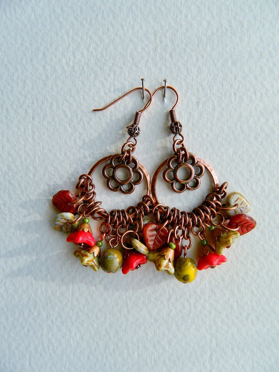 Handmade cluster flower earrings, Casual dangle earrings, Summer earrings, Red & Yellow and Antique Silver