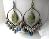 Bronze Iris Chandelier Earrings, Green Purple Bohemian Hoops, Large Boho Dangles,Boho Chic Jewelry, Gypsy Jewelry