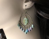 Iris Glass Chandelier Earrings, Green Purple Bohemian Hoops, Large Boho Dangles,Boho Chic Jewelry, Gypsy Jewelry