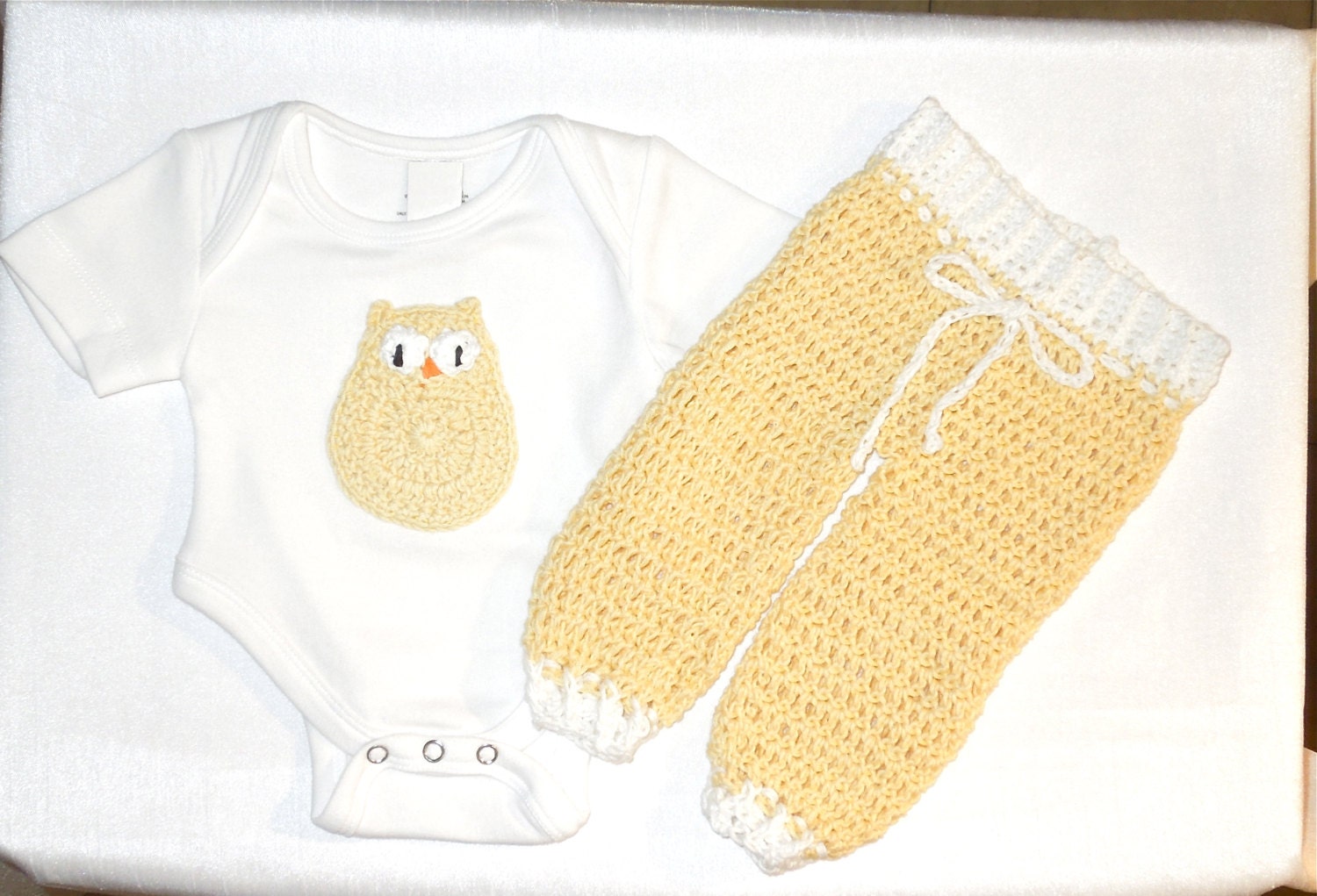 Baby Organic Onesie and Pants Set, Crochet, Girl, Boy, Newborn,Yellow, Ready To Ship, Baby Shower Gift