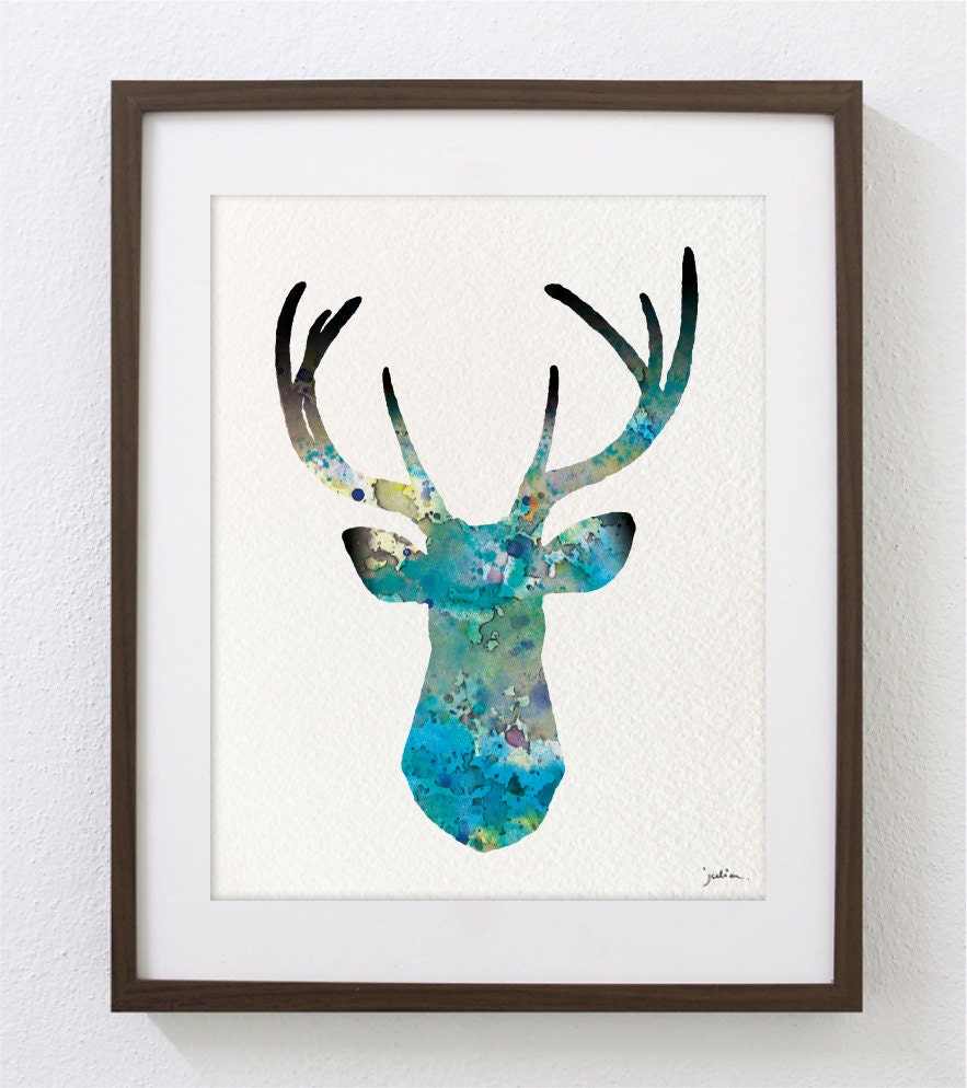 Deer Art Watercolor Painting - 8x10 Archival Print - White-tailed Deer Print - Teal and Gray Deer Silhouette