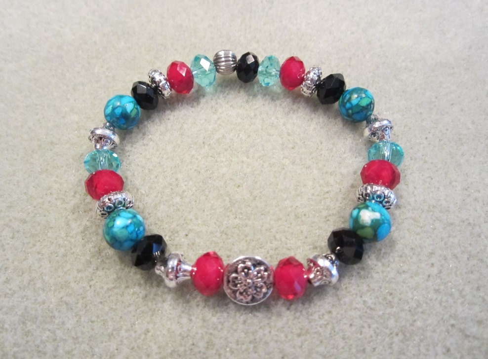 Fancy Turquoise, Red & Black Glass Bead Stretch Bracelet with Center Flower Bead