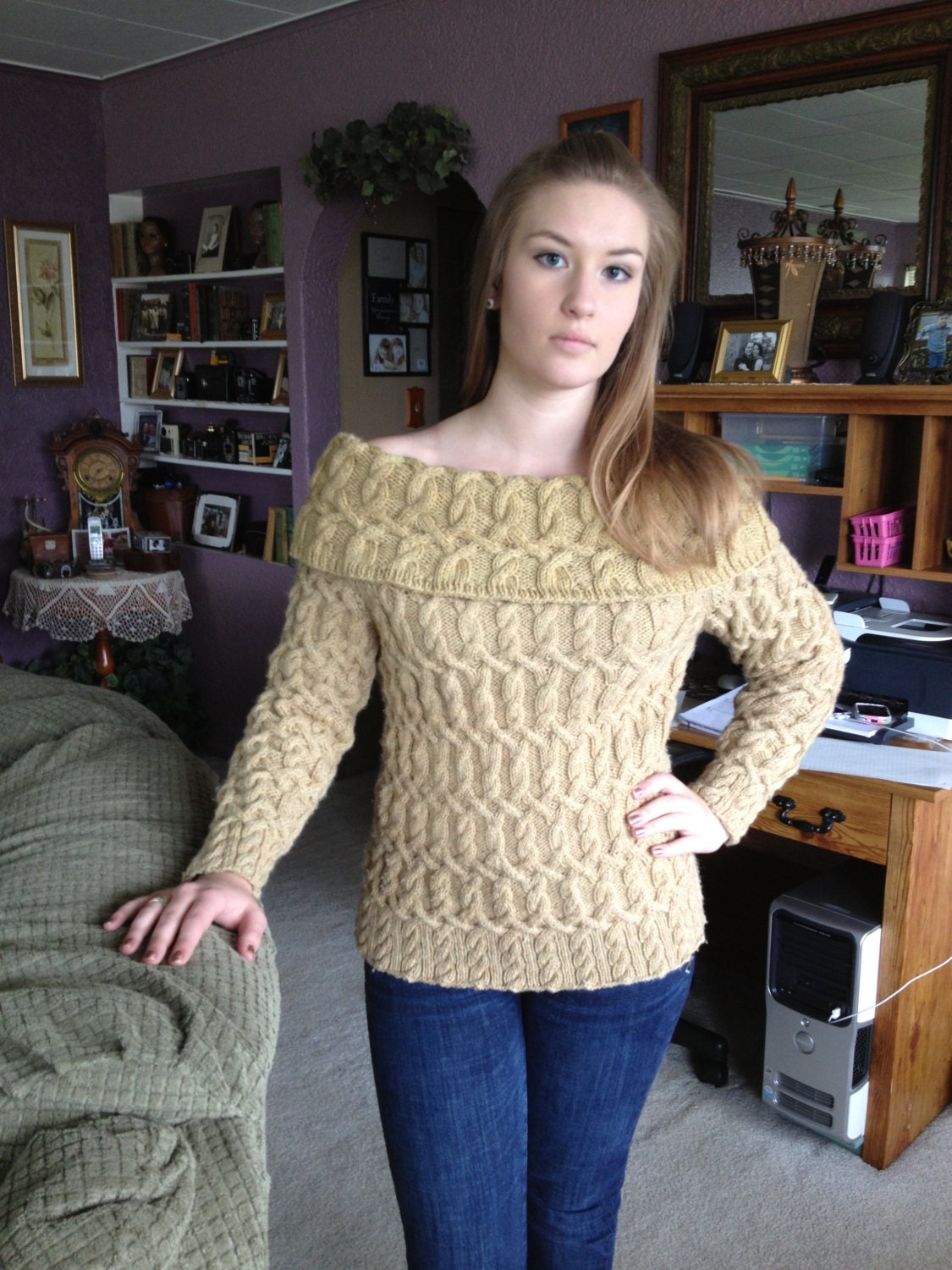 Crazy for Cables long sleeved sweater.  Hand knitted using 100% Merino wool.  Soft as a baby's cheek and warm.