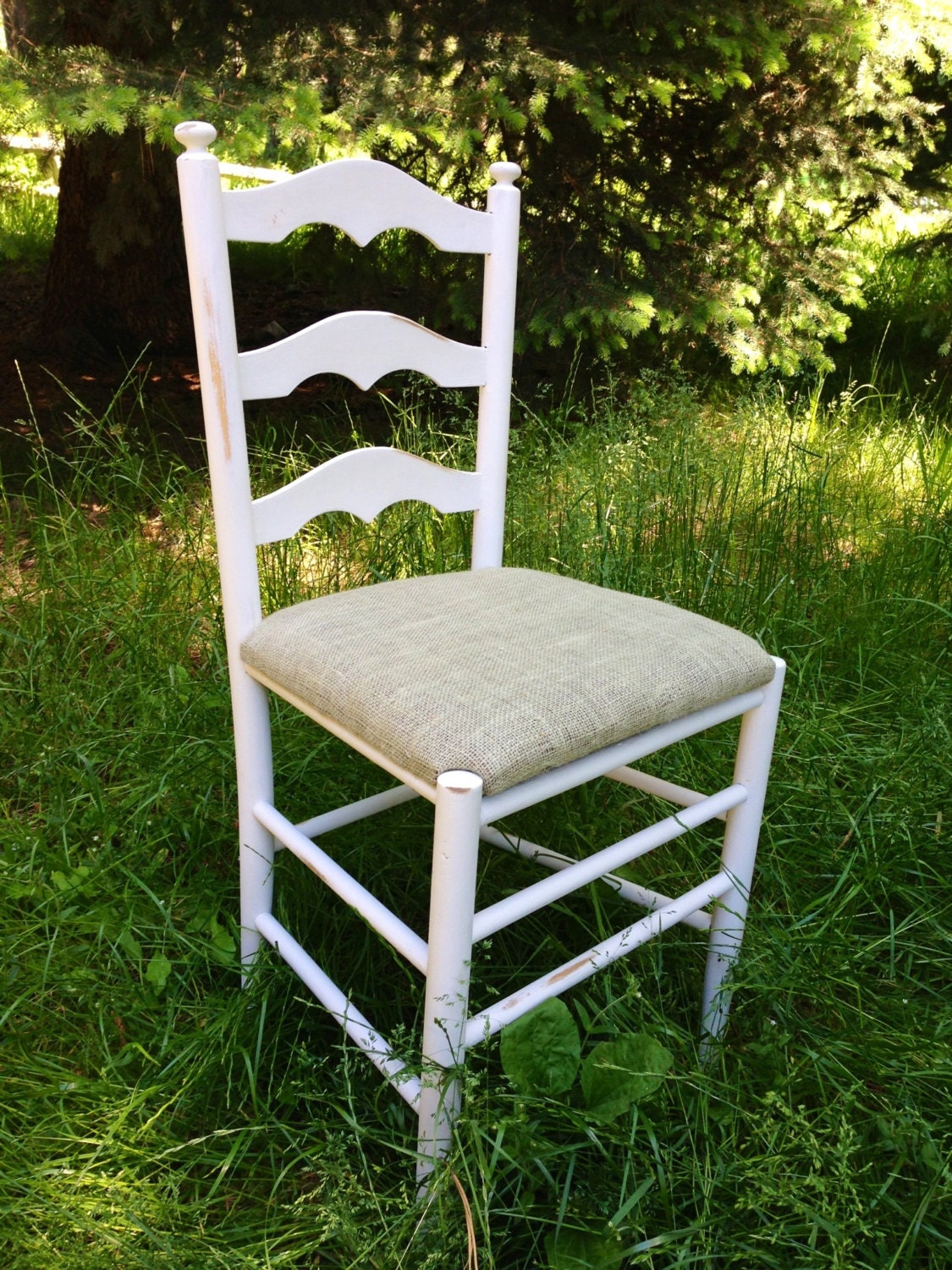 Shabby chic, upcycled, vintage, distressed, reupholstered burlap antique white chair