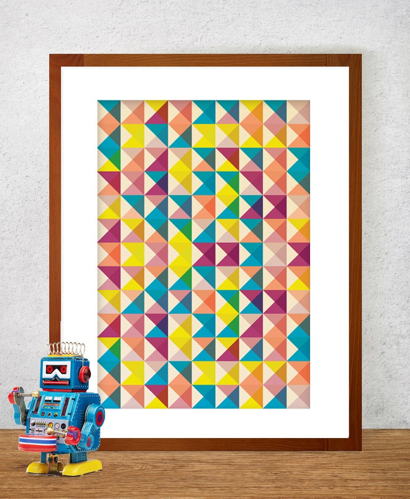 Geometric Composition 3, Abstract poster of Triangular Pattern in Mid Century Modern Style, Spring Colours,  A4 print