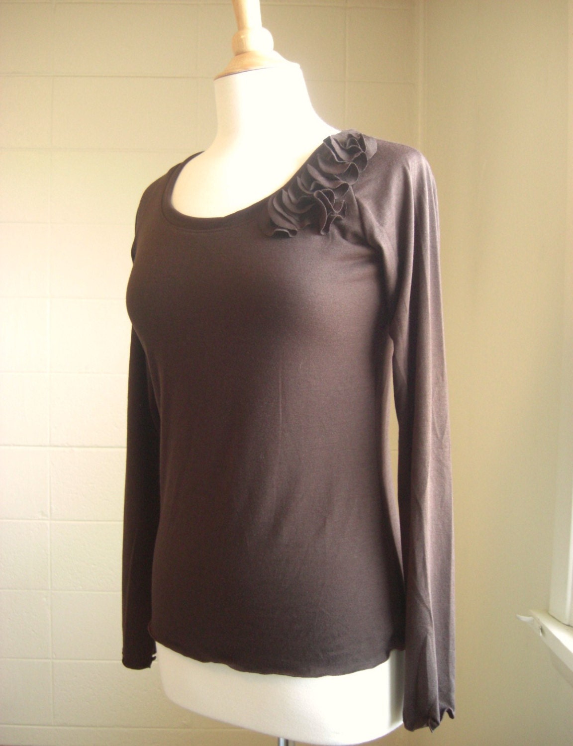 SALE - MEDIUM Womens Brown Long Sleeve Shirt with Cascading Petals - Ready to ship size MEDIUM