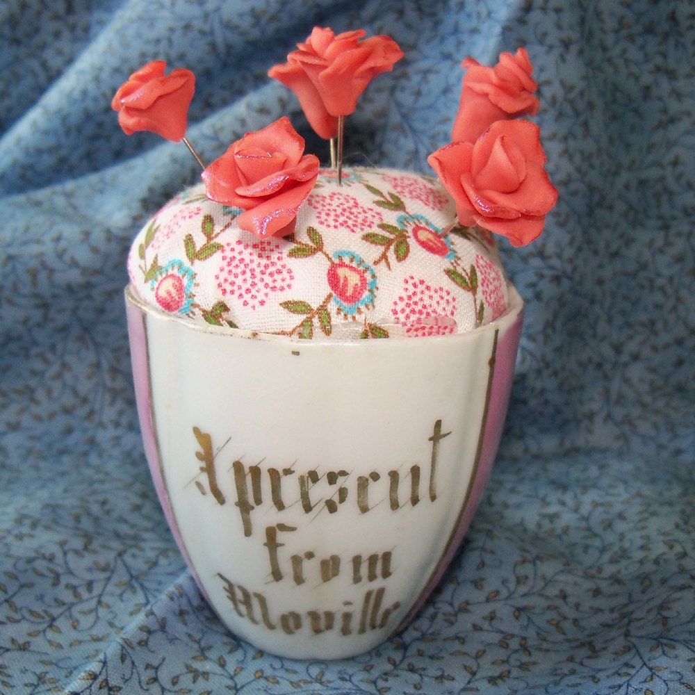SALE Vintage Porcelain Teacup Pincushion With Rose Pins - A Present From Moville