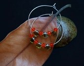 hoop earrings with green and orange crystals - tribal jewelry - geometric earrings