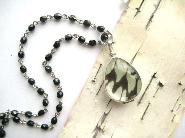 Abstract Newsprint Butterfly - real black and white butterfly wing under glass & sterling silver pendant, black beaded chain necklace