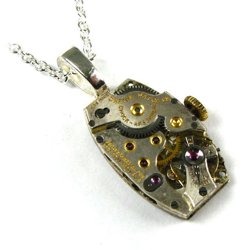 Steampunk Necklace Vintage Watch Movement Pendant with REAL Ruby Jewels Sleek Stylish UNIQUE Shape by Nouveau Motley