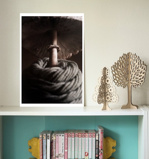 Wrapped Up Tight Discount Print - FREE SHIPPING 13x19 Print Yarn Mushroom Cap Cream White Gray Blue Still Life Surreal Film Nature Grainy