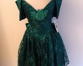 Vintage 80s Emerald Green Lace Gunne Sax Party Dress with TAGS ATTACHED