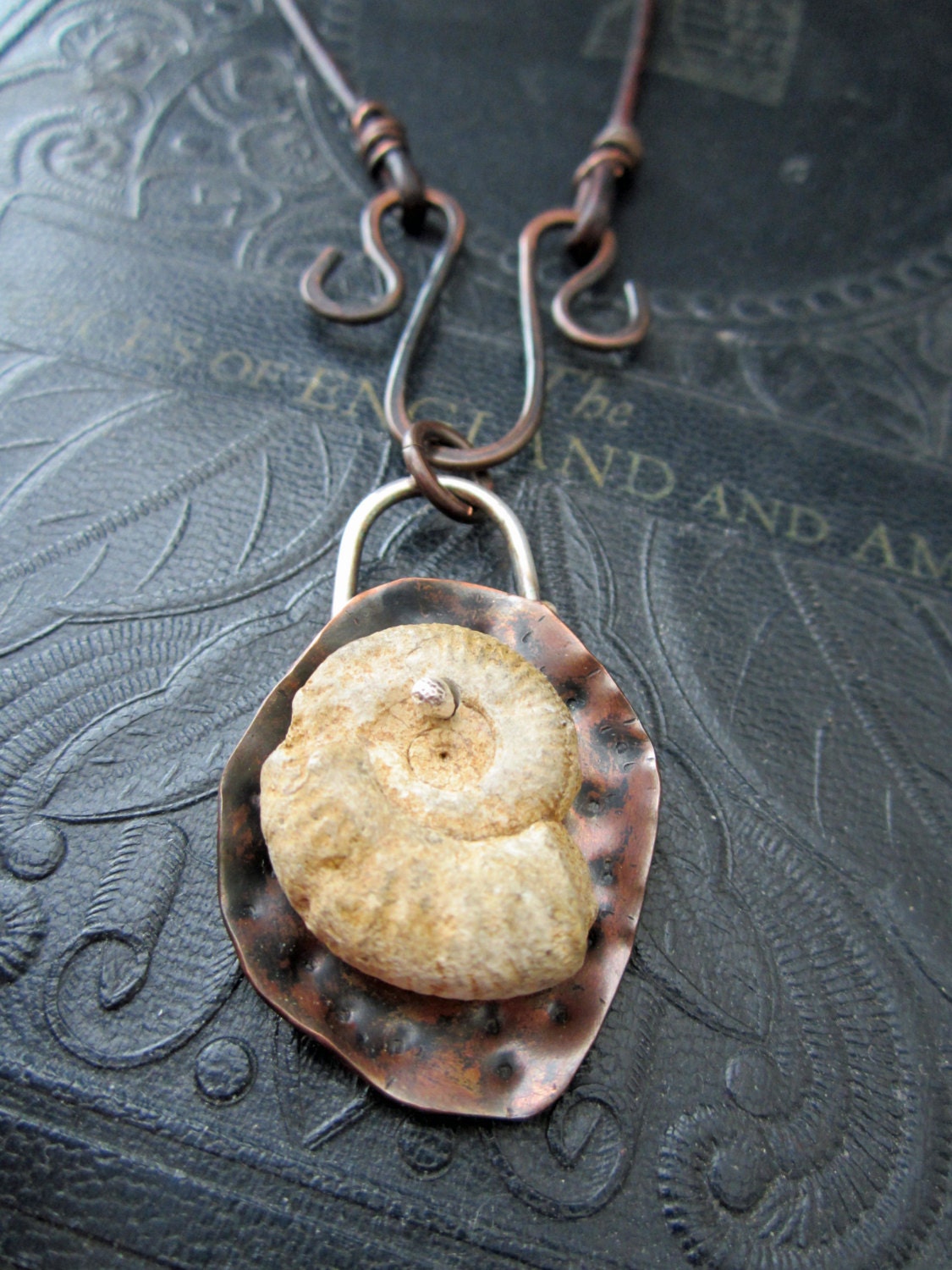 Genuine Fossil Necklace Leather Copper and Sterling Silver