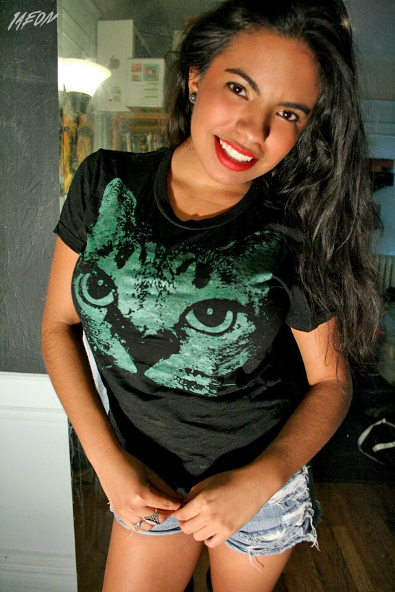 burnout womens tee, Cat tshirt, womens clothing, womens tshirt, cat tee, black tshirt,1AEON Soft burnout tee w green Cat M