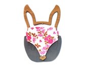 Rabbit Bag bunny ears - oak wooden handle clutch - grey and pink - vintage flower