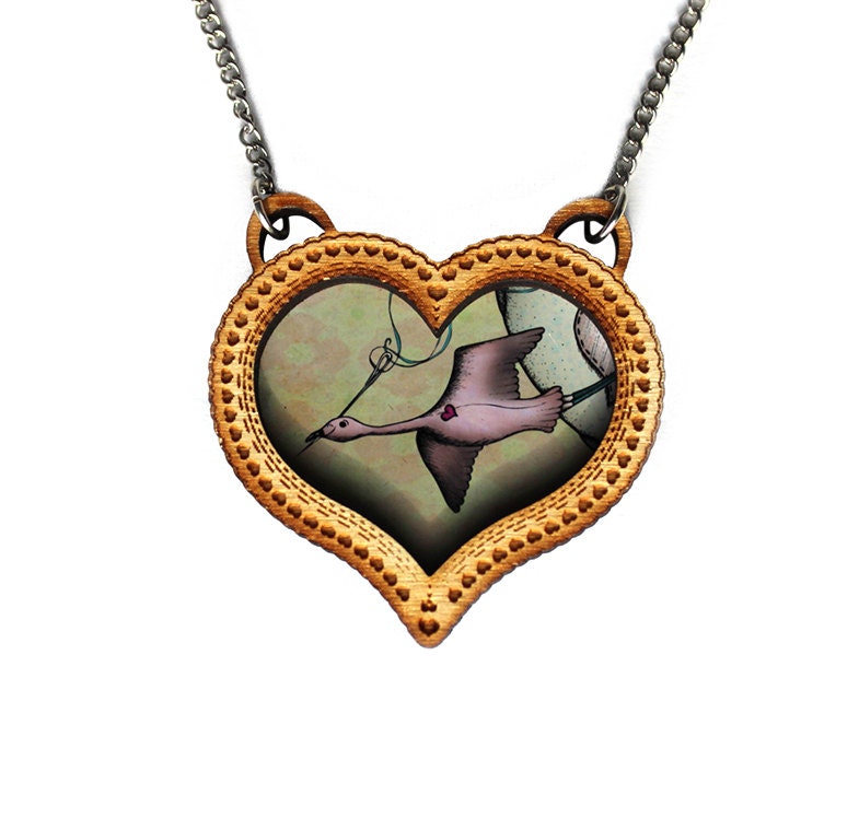 Flamingo necklace Cameo heart - Wood and illustration - Jewelry