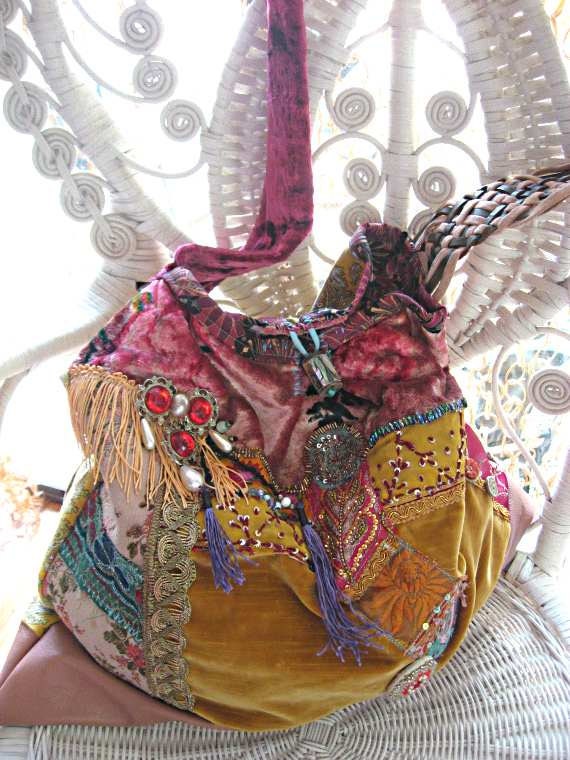 Large Boho Bag, Antique Velvet, Vintage Leather, Antique Embroidery, Beaded, Oversized, Bohemian, Gold, Pink, Blue