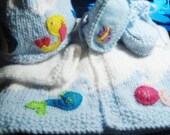 Newborn Baby Sweater Hat Booties Layette Set Ocean Fishes