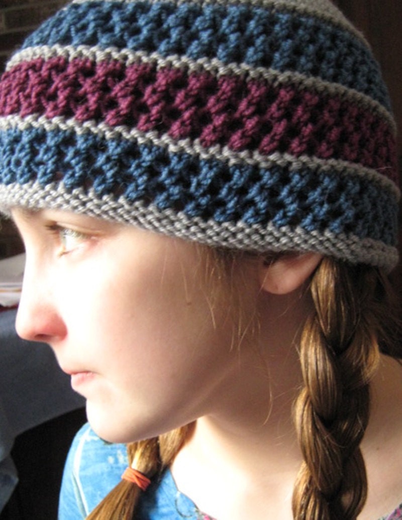 Knit Striped Hat in Gray, Blue, and Purple Wool