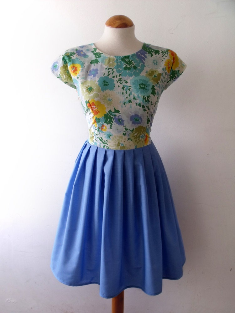 50s style cap sleeve tea dress in vintage floral cotton and blue pleated skirt