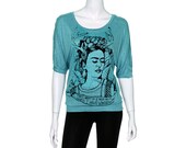 Teal Half Sleeve Soft Speckle Top with Frida Screen Print - Large