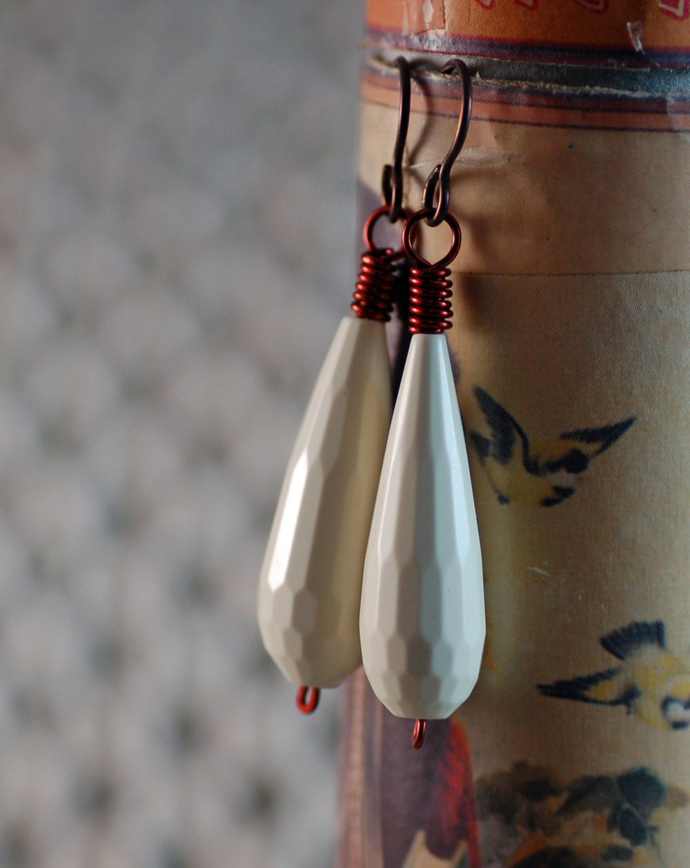 Ivory "River Jade" Earrings Faceted Teardrop Stone